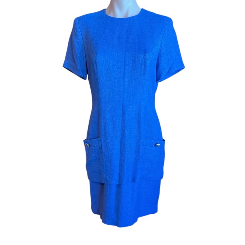 Blue Midi Sheath Dress with Crew Neck and Short Sleeves